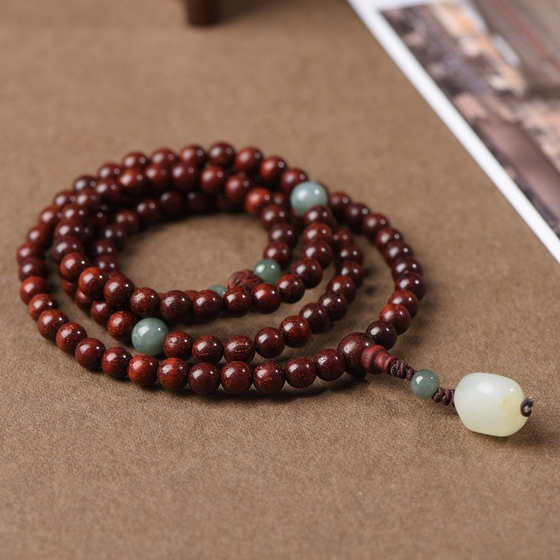 108 Bead Red Sandalwood Mala Bracelet with Jade Pendant