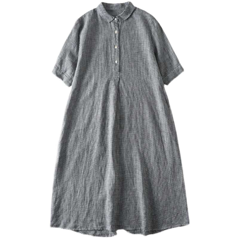 Front view of a grey plaid short sleeve midi dress with a button-up collar.