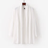 White men's open front kimono cardigan hanging on a hanger