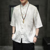 Man wearing a white short sleeve shirt with a subtle dragon pattern and traditional buttons