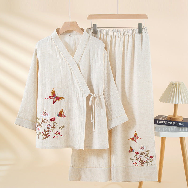 Embroidered Butterfly Pajama Set, Lyocell V-Neck Loungewear