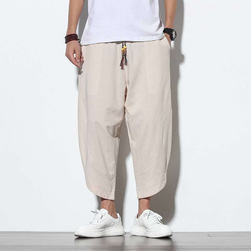 Men's Cotton Linen Harem Pants Summer Casual Drawstring Trousers