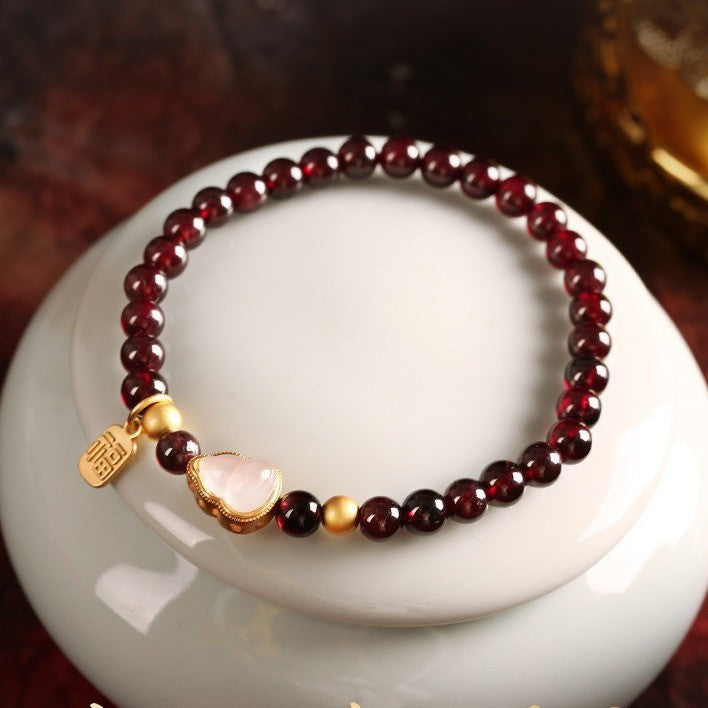 Garnet Bracelet with Gold-Tone Charm, Handwoven Beaded Jewelry