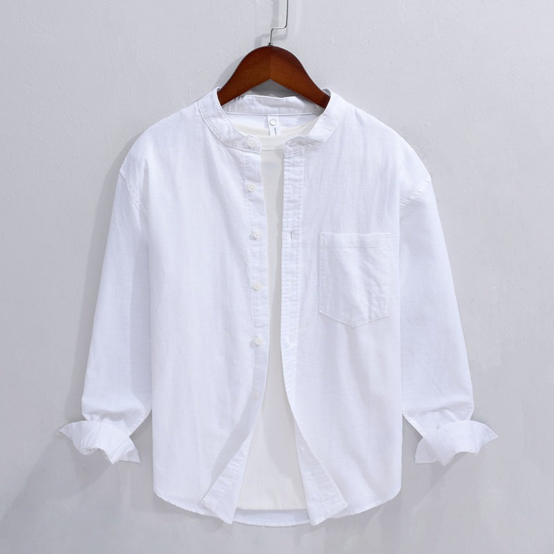 Men's Linen Cotton Long Sleeve Stand Collar Casual Shirt
