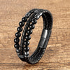 Men's Stone Bead Leather Bracelet, Stainless Steel Clasp