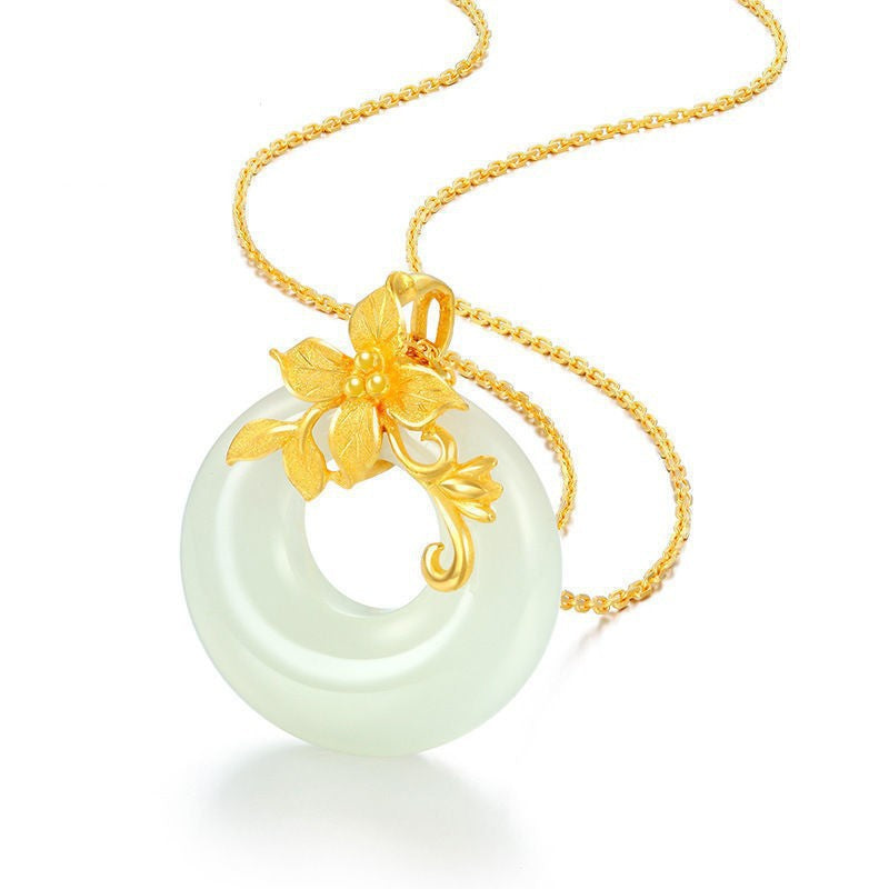 White Jade Camellia Necklace with Gold Chain