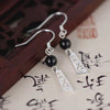 Silver Tone Floral Drop Earrings with Black Beads