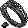 Black braided leather bracelet with round black lava rock beads and magnetic clasp