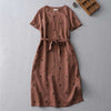 Women's Short Sleeve Polka Dot Linen Dress with Tie Waist