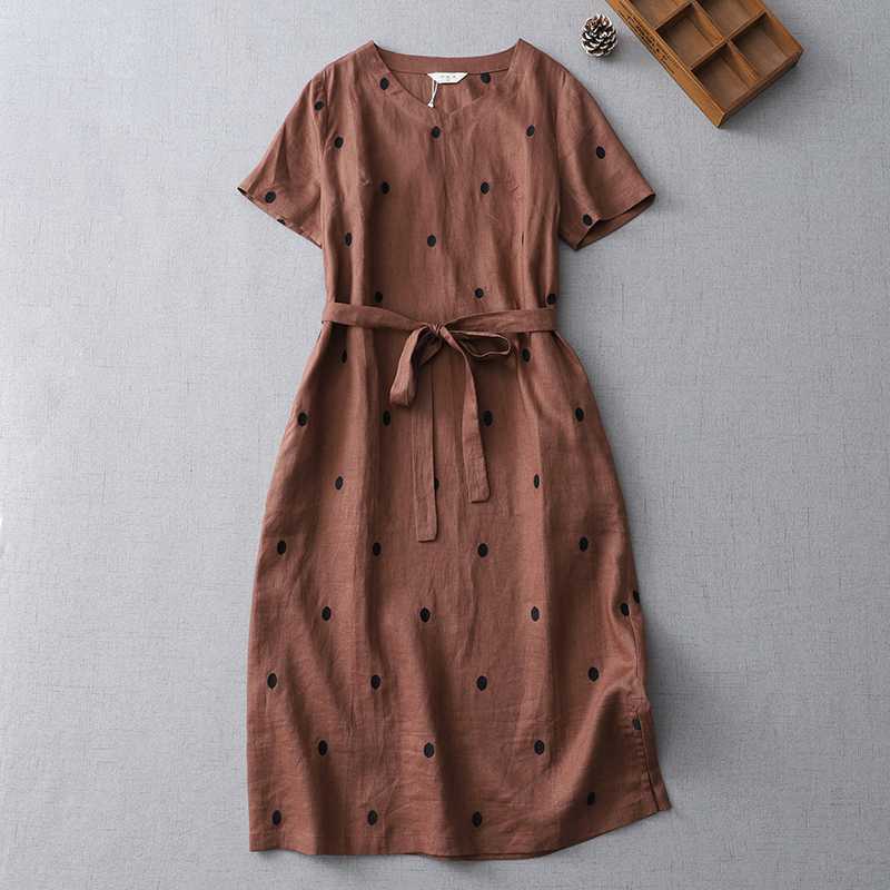 Women's Short Sleeve Polka Dot Linen Dress with Tie Waist