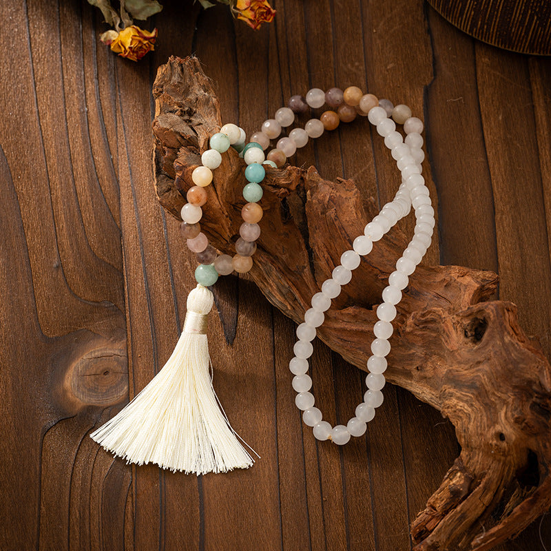 Long Beaded Necklace with Tassel, Natural Stone Mala