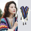 Knit Striped Poncho Wrap with Tassels, Cozy Travel Shawl