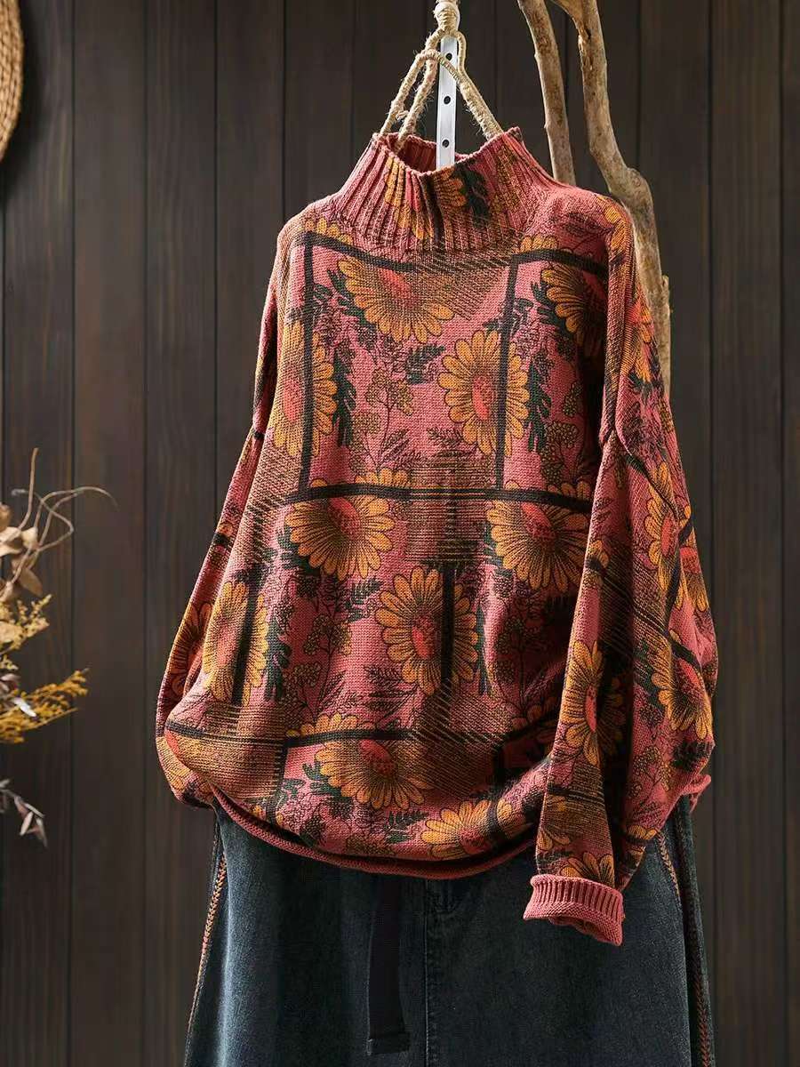 Women's Sunflower Pattern Mock Neck Cotton Sweater