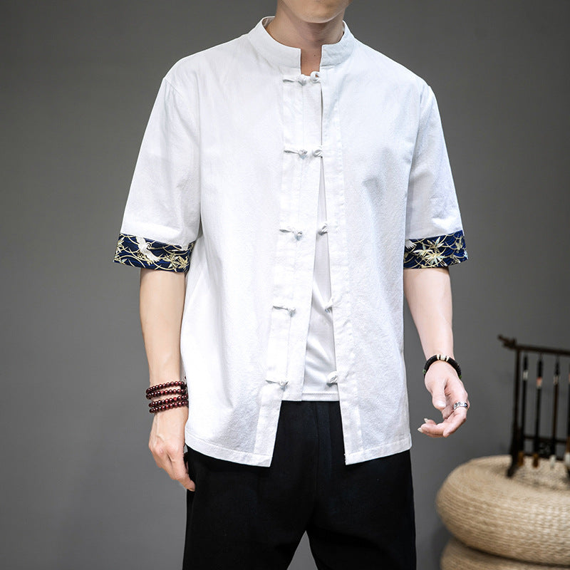 Men's Linen Tang Suit Shirt with Frog Buttons and Crane Print