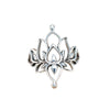 Close up view of a silver tone metal ring shaped like a blooming lotus flower