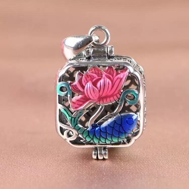 Square copper alloy pendant with pink lotus and blue koi fish enamel art