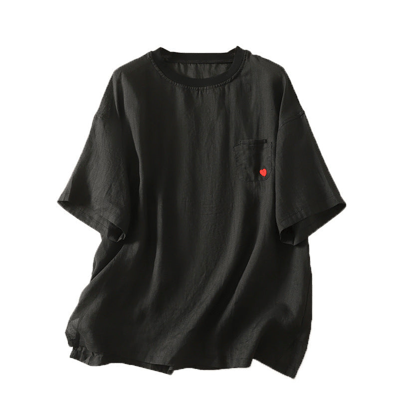 Black women's cotton t-shirt with a small red heart embroidered on the front pocket