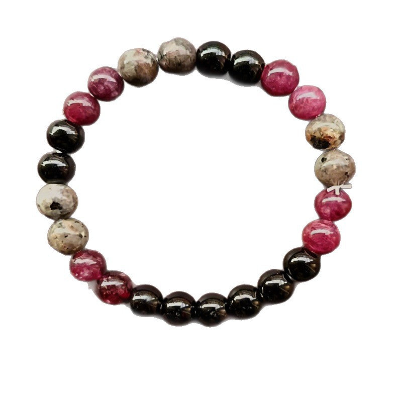 A bracelet made of multi-colored natural stone beads on a white background