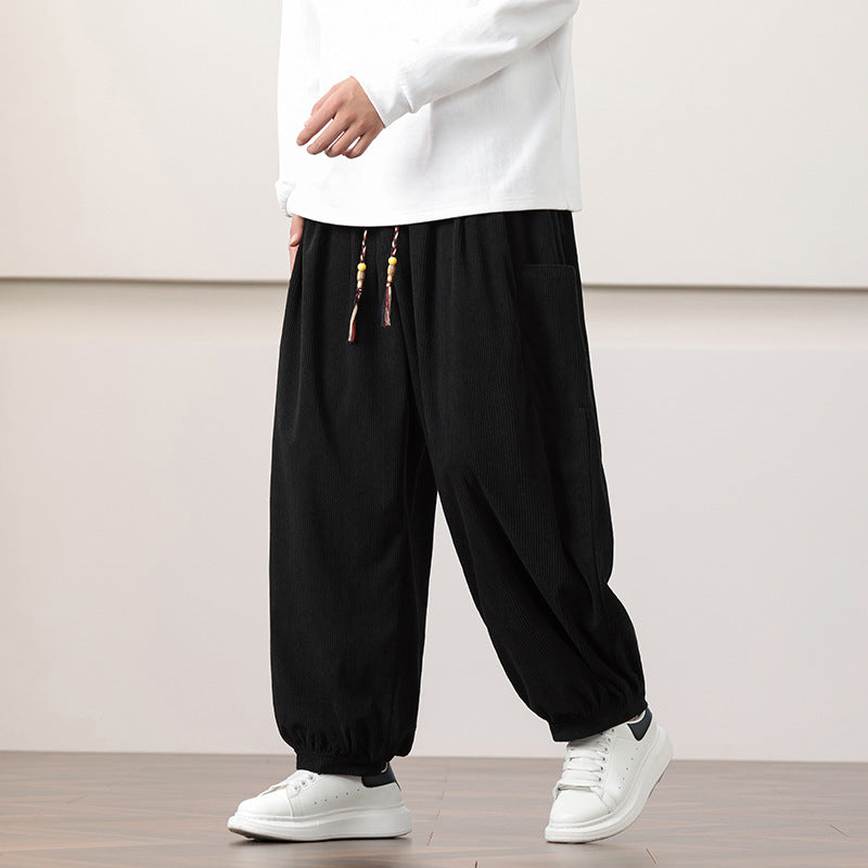 Men's Solid Color Corduroy Drawstring Harem Pants With Pockets