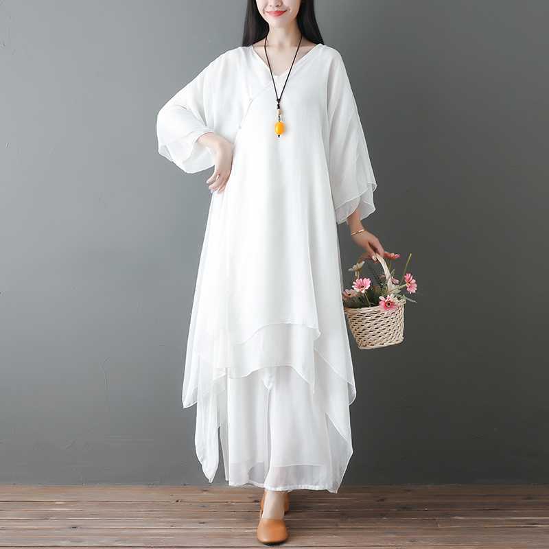 Women's Meditation Cloth Cotton V-Neck Midi Tunic Dress Wide Leg Pants