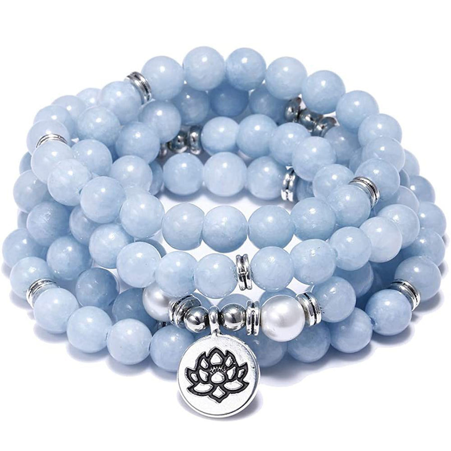 Light blue 108 bead mala bracelet with a silver lotus charm