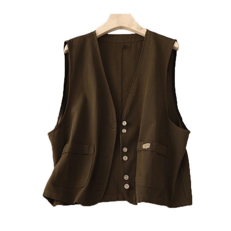Three solid color sleeveless vests with V-necks and buttons displayed on a neutral background