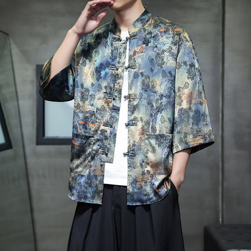 Men's Ice Silk Tang Suit Shirt with Frog Buttons and Pockets
