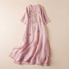 Embroidered Leaf Crew Neck Half Sleeve Fiber Midi Dress