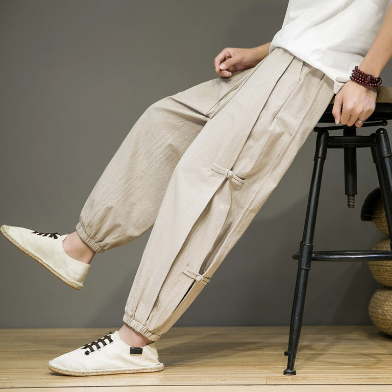 Men's Harem Pants with Chinese Frog Buttons, Vintage Drawstring Trousers