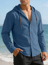Men's Solid Color Long Sleeve Hooded Drawstring Buttons Shirt