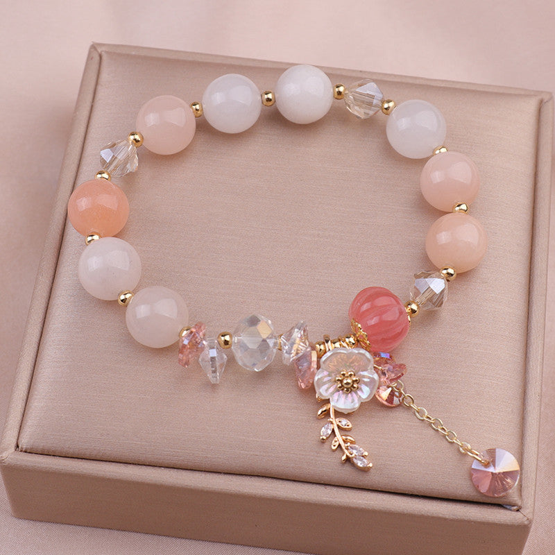 Floral Stone Bracelet with Leaf Charm, Handmade Beaded Jewelry