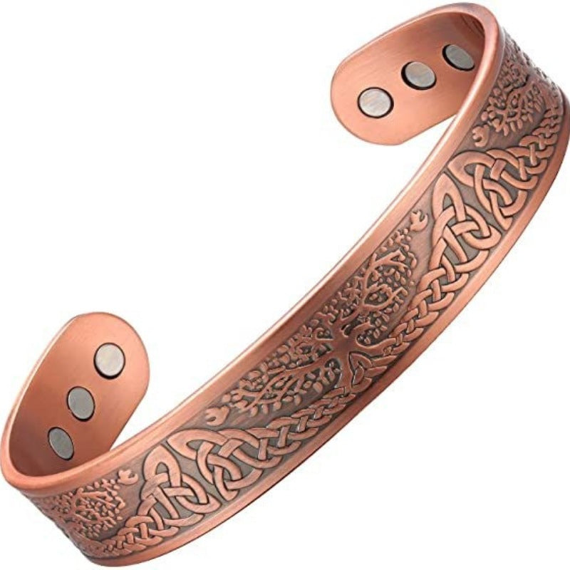 Antique copper tone open cuff bracelet with engraved Tree of Life pattern and three magnets on each end