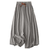 Three pairs of casual wide leg linen pants in earth tones with drawstring waists