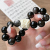 Silver Sheen Obsidian and Bodhi Seed Lion Bracelet