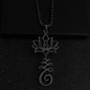 Gold-tone stainless steel necklace and keychain set featuring a lotus flower and seed syllable charm
