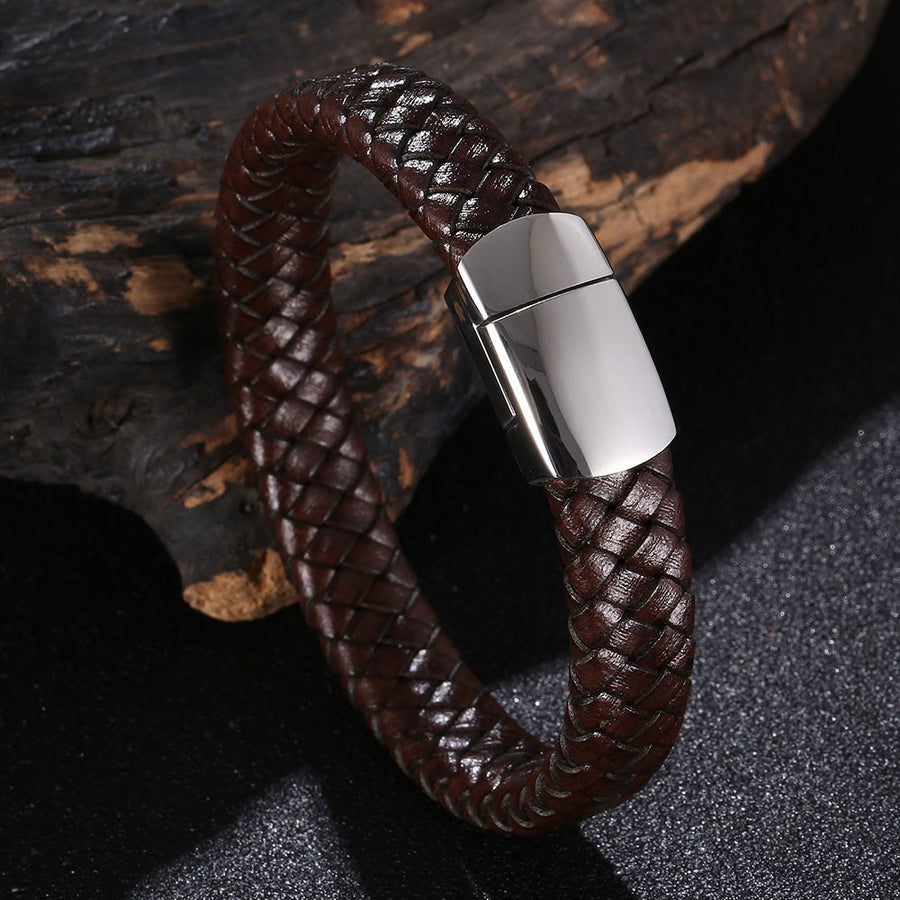 Braided Leather Bracelet with Stainless Steel Clasp