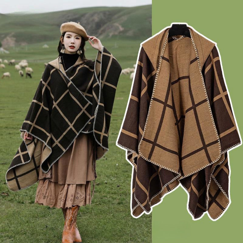 Hooded Knit Shawl Wrap, Tibetan Border Travel Poncho