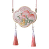 Pink cloud-shaped embroidered bag with a white cat and peach design