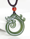 Jade Dragon Pendant Necklace, White and Green Jade Amulet
