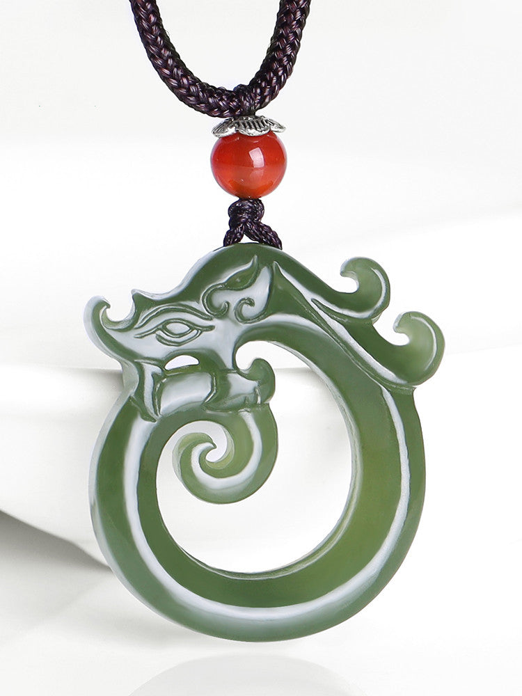 Jade Dragon Pendant Necklace, White and Green Jade Amulet