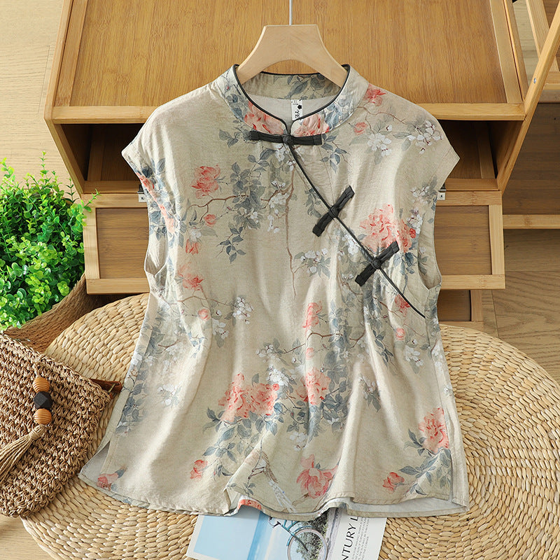 Women's Sleeveless Shirts Summer Elegant Mandarin Collar Side Slit Floral Print