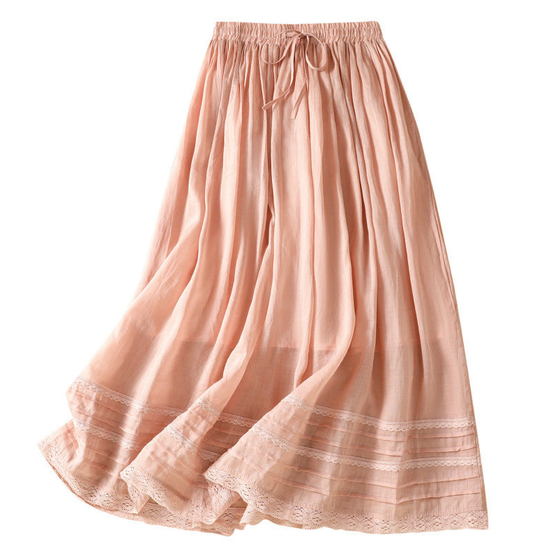 Pink cotton linen midi skirt with lace trim at the hem and drawstring waist