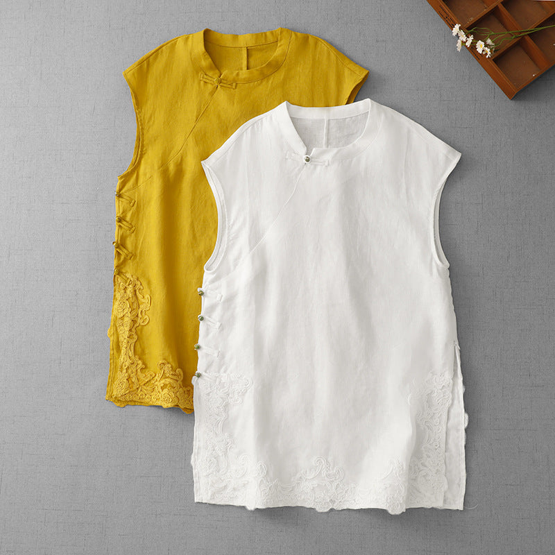 White and yellow sleeveless linen vests with lace trim and frog buttons