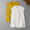 White and yellow sleeveless linen vests with lace trim and frog buttons