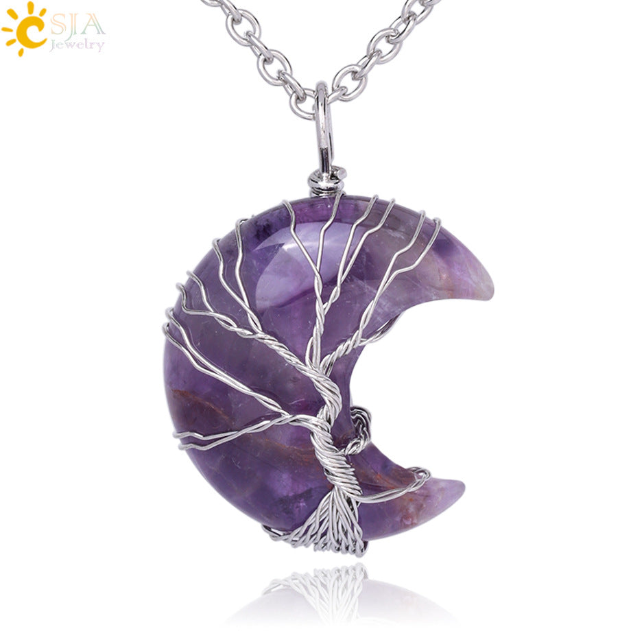 Crescent moon pendant with silver wire wrapped tree of life design in purple stone