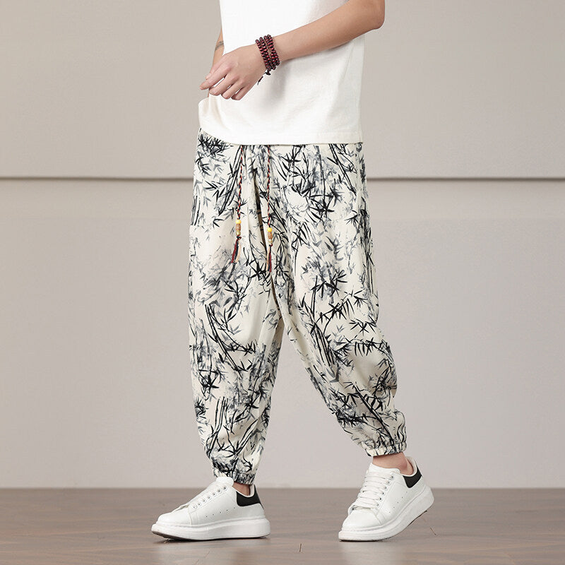Men's Bamboo Print Harem Pants with Drawstring and Pockets
