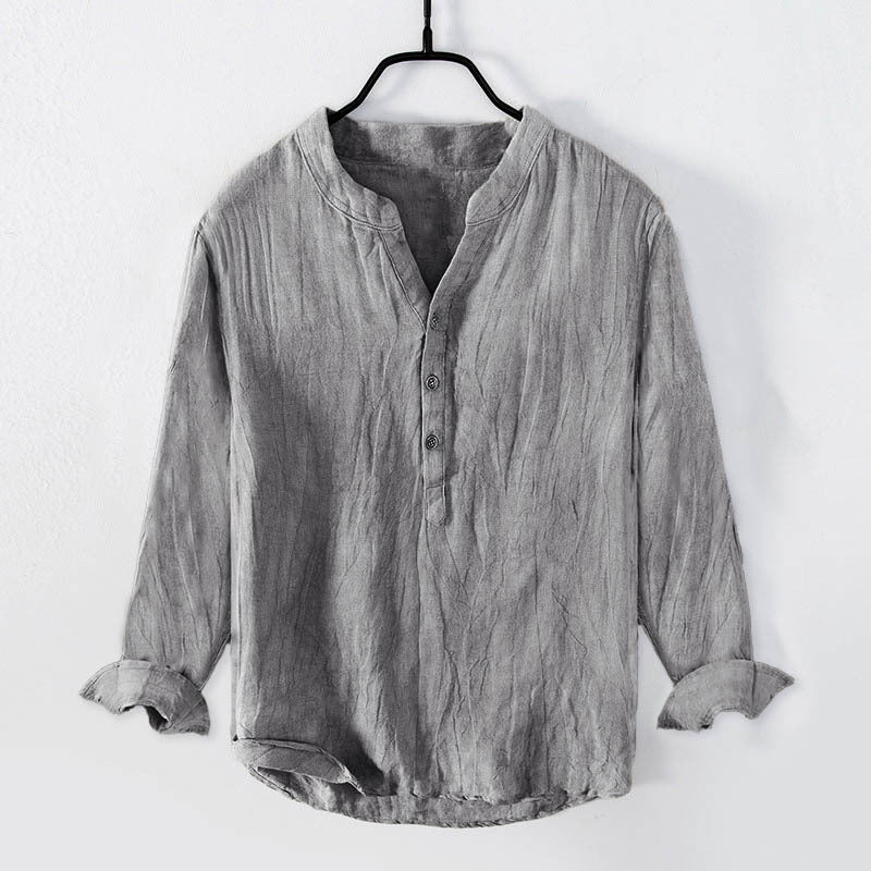 Men's Solid Color Long Sleeve Half Button Cotton Linen Shirt