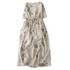 Vintage Beige Floral Short Sleeve Dress with Drawstring