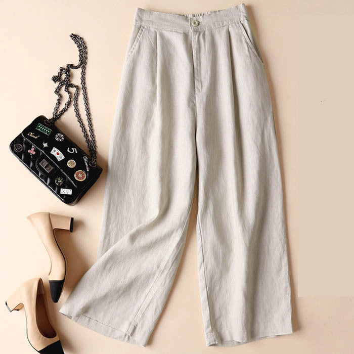 Women's Wide Leg Pants with Pockets, High Waist Cotton Linen Trousers