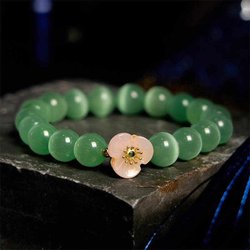 Cat's Eye Flower Charm Bracelet, 8mm Beads